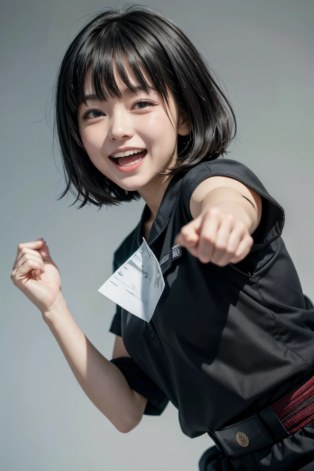 Simple Background, Illustration, anime, anime風, smile, Open your mouth, smile, Call,Put your hands to your mouth,Stretch your fingers,Black Hair,short hair,Bangs,Japan Ground Self-Defense Force,Combat Uniform,Japanese women,cute,laughing,Talking,Shout out