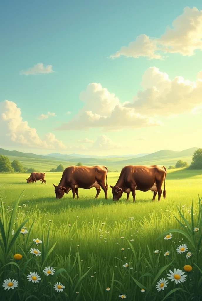 A green field with cows grazing freely under a clear sky background
