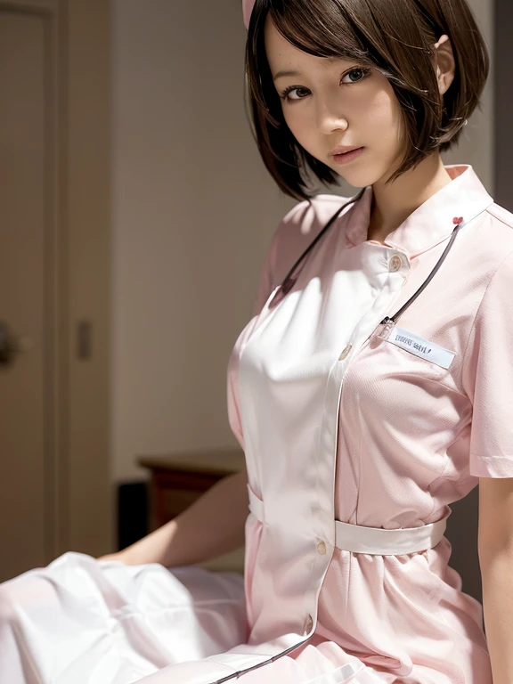 woman, alone, (Wearing white nurse clothes:1.2), (Bobcut), Shortcuts,bangs, Black Hair, nurse, Perfect Anatomy, nurse uniform, (Nurse cap), (White costume), Long skirt, hospital, Face close-up, 