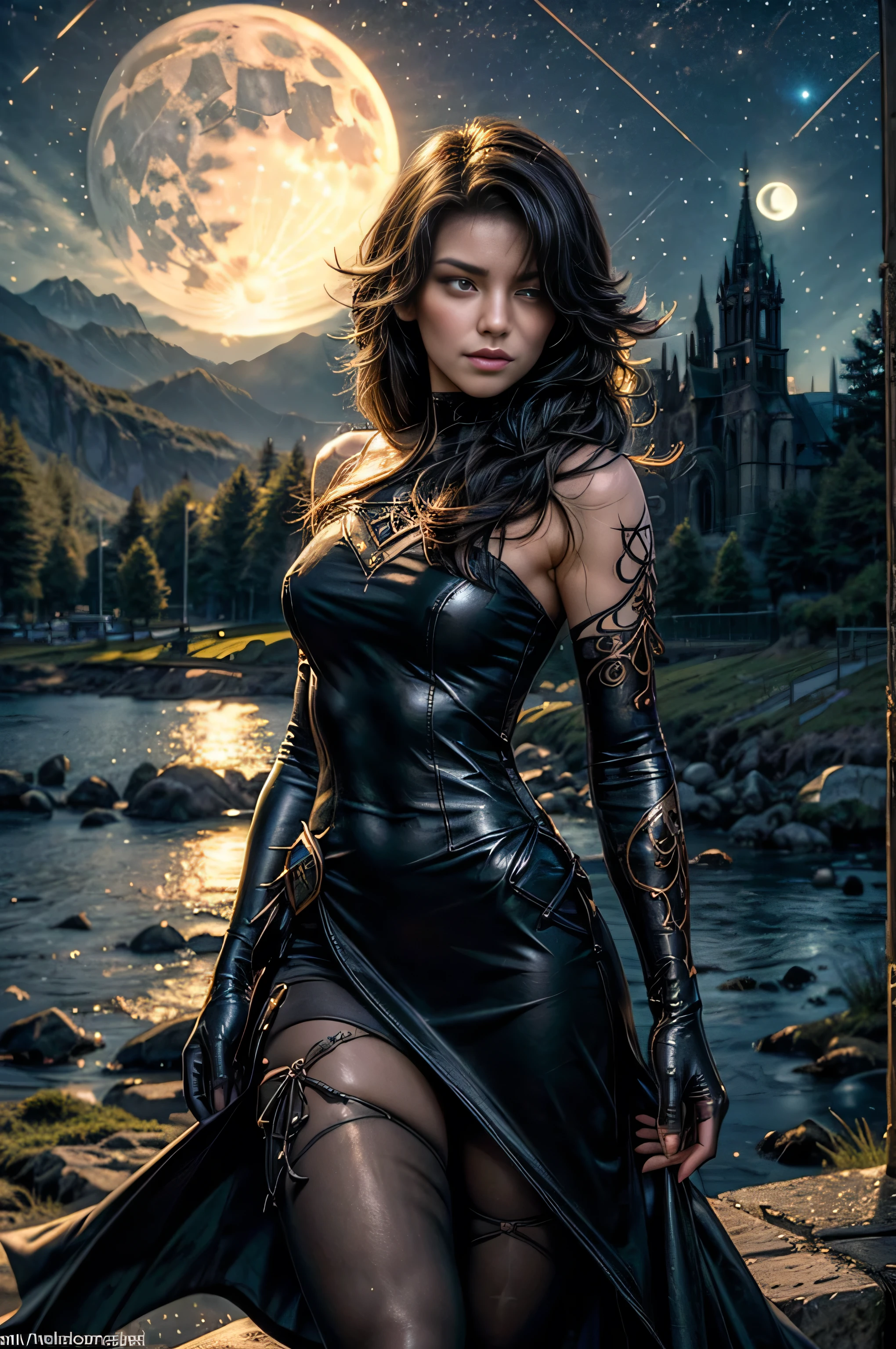 (masterpiece, best quality:1.2), cowboy shot, solo, 1girl, cinder fall, looking at viewer, long hair,black dress, elbow gloves, pantyhose, holding flames, near gothic church, on hillside, mountains in distance, waterfall, crowd, night, stars, moon (volumetric lighting), sharp focus, hyper detailed
