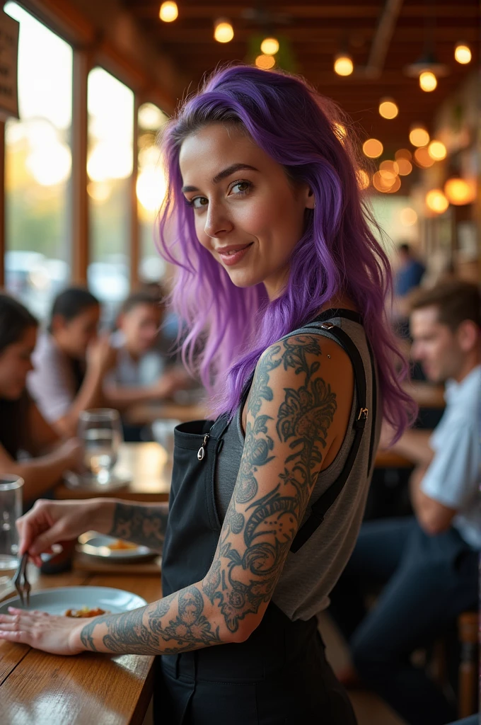 a 24 year old waitress with purple hair, tattoos and piercings 