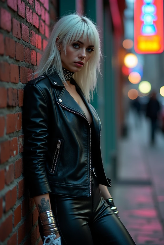 Russian milf: platinum hair with a fringe, very light blue eyes and thick lips. Shiny black leather trousers and leather biker jacket, skinny body, skinny legs. White tennis sneakers. Driver gloves. Tattoos . Lots of metallic bracelets and collars. Sad face.