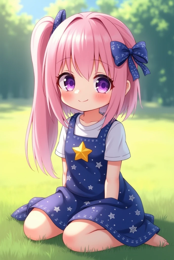 Anime Violet Eyes、Pink Hair、Long ponytail designs for kids (Magic Mini Skirt、Blue and galaxy star print dress) A cute face with a charming smile、Gold star emblem (Petite body) Sitting on the grass (In the midday light)