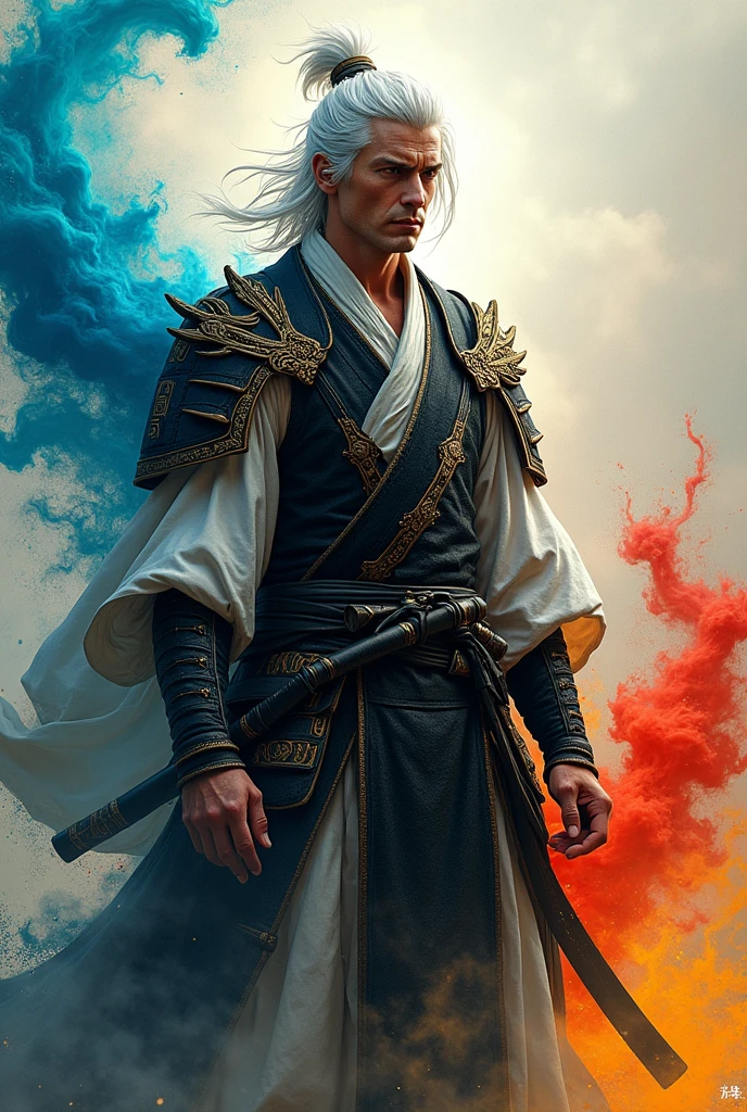 Make a tall man with an aesthetically pleasing body, with medium-length, messy white hair, samurai style., how much of a black and white medieval style, make it have colored energy , blue, negro, green , Red and yellow 