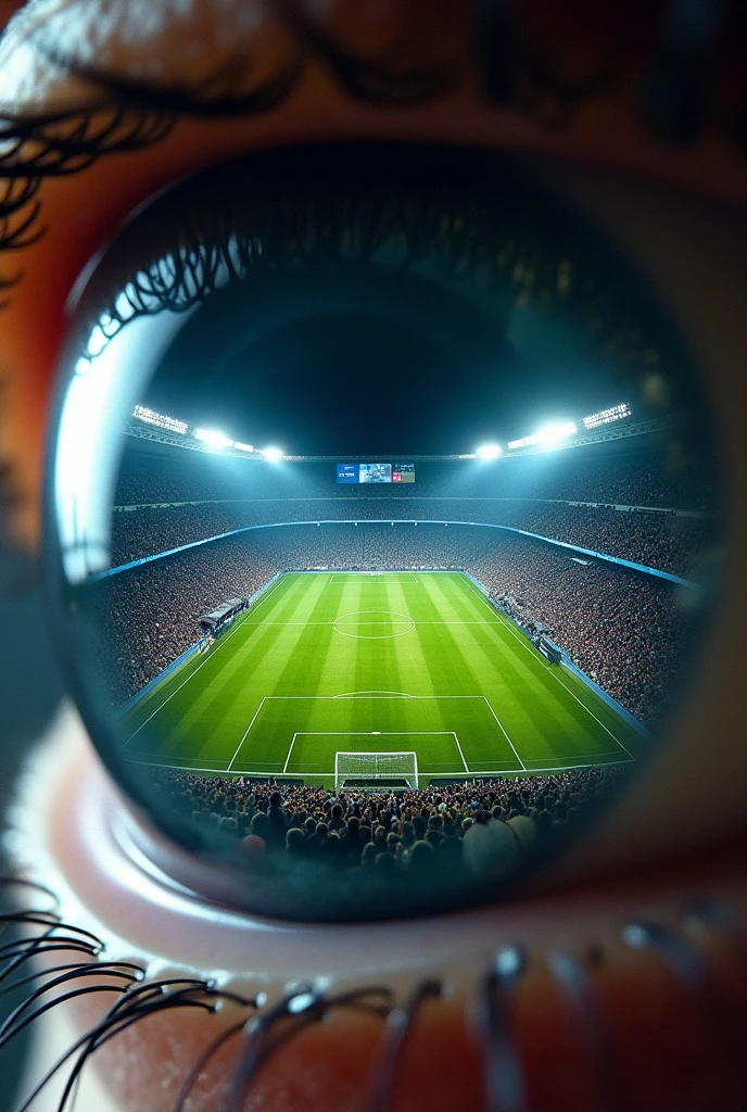 An eye where the iris reflects a football stadium