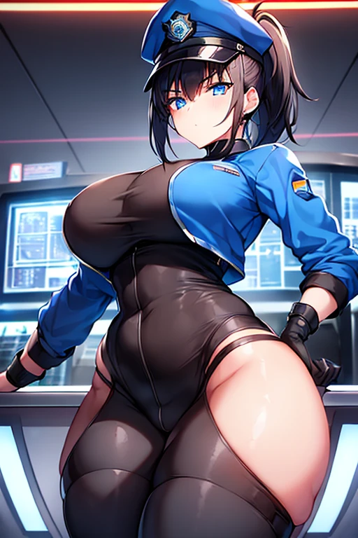 1girl, black hair, short hair, ponytail, long ponytail, blue eyes, large breasts, thick thighs, toned, hourglass figure, serious, blue jacket, bodysuit, black bodysuit, policewoman, police hat, police, neon, neon trim, futuristic, science-fiction, machinery, tech