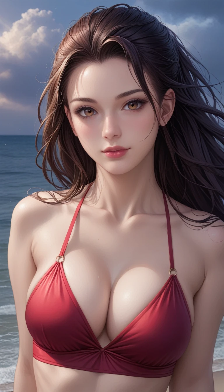 score_9, score_8_superior, score_7_superior, High-resolution CG illustration,A masterpiece in 32K resolution,Highest quality,it is really amazing,Very detailed,Ultra-high resolution,Ultra-realistic,Realistic,Increased depth of field,Cinematic lighting,
Sexy mature Japan woman,
Straight long hair with black hair,Showing his forehead,Ultra-detailed and beautiful face,Calm and gentle look,Beautiful brown eyes,Glossy, moisturized skin,Translucent white skin,Realistic skin texture,Great proportions,
Elegant red swimsuit,
Simple design,Chic color scheme based on red,Detailed fabric texture,
(Dark overcast sky on a dull night:1.1),(Dark clouds filling the sky:1.1),Thundercloud,Coastline at night,Stormy seas,delay々A desolate sandy beach that continues,
Beautiful cleavage,High angle,