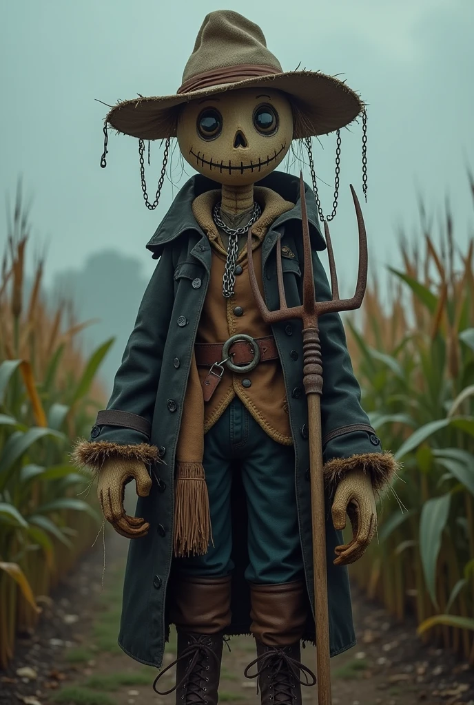 <lora:CyberpunkWorldXL:1>CyberpunkWorld a laughing scarecrow standing at the mouth of a demonic creek, cyberpunk, sci-fi, tech, 24mm, (analog, cinematic, film grain:1.3), Bokeh DOF, (Masterpiece:1.3) (best quality:1.2) (high quality:1.1)