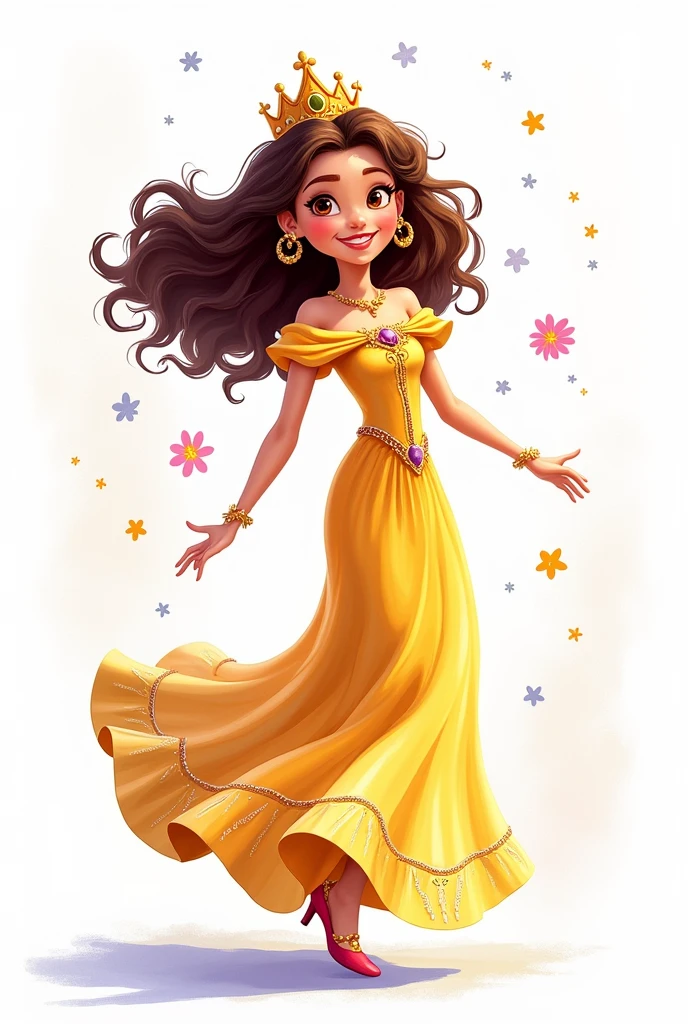 princesselise, multiple poses and expressions, white background disney model design, book illustration style , 9 anos, fly away, bright coloured, long curly brown hair, with princess dress