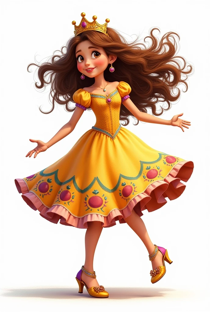 princesselise, multiple poses and expressions, white background disney model design, book illustration style , 9 anos, fly away, bright coloured, long curly brown hair, with princess dress