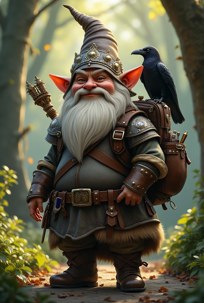 A gnome with a sly appearance, with a familiar on its shoulder, with a medieval backpack a short bow, a leather armor