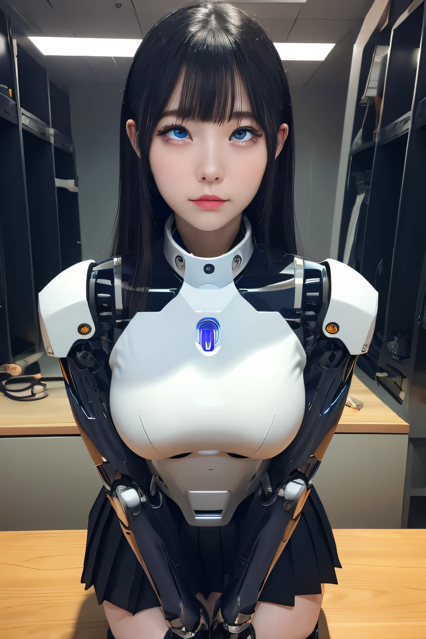 masterpiece, best quality, extremely detailed, Japaese Cyborg Girl,Plump ,navy pleated miniskirt,black tights,control panels,android,Droid,Mechanical Hand, ,clothes with a sense of mechanical technology, Robot arms and legs, Black Robot Parts,Black hair,Mechanical body,Blunt bangs,White abdomen,White robotics parts,tube dress,perfect robot woman,future laboratory,cyber pank,charging spot,android factory,robot factory,cyborg factory,long tube,thick cable connecting her neck,ceramic body ,blue eyes,smechanical body, android,robot humanoid,rolling eyes