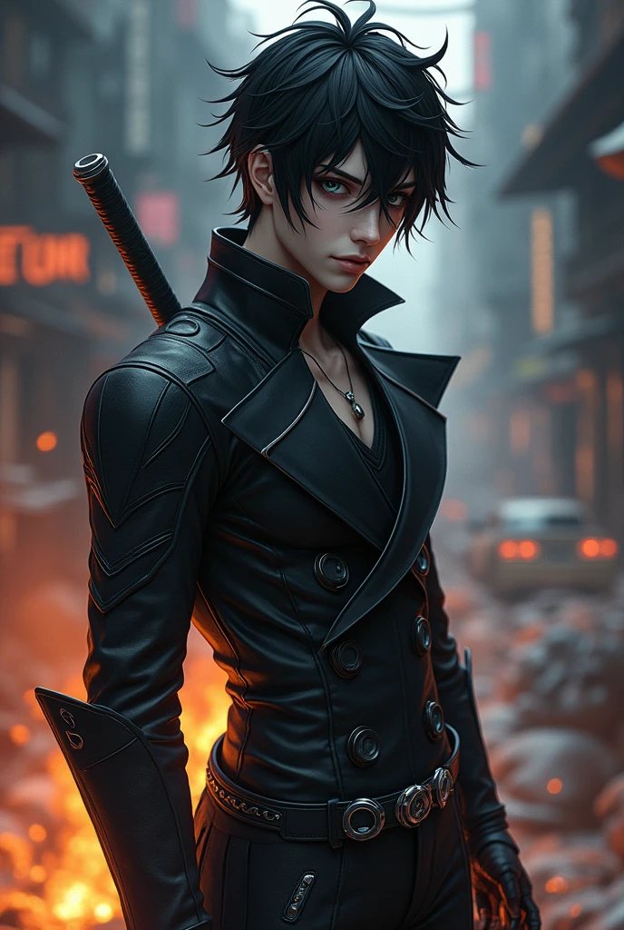 Character: Kaito no Yami
Appearance:
Facial Features: Kaito has a sculpted and attractive face, with a mix of features reminiscent of Gojo's elegance, Choso's intensity, and Megumi's serenity. His eyes are a deep, almost hypnotic shade of gray, and they have a penetrating gaze that seems to see beyond the superficial. The black markings on his face are stylized, similar to Choso's, drawing elegant lines that extend from his cheekbones towards his jaw, adding an air of mystery to his already impressive appearance.
Hair: His hair is dark as night, styled in a messy but deliberately attractive style. The strands fall casually over her forehead, framing her face in a way that accentuates her eyes and black markings. The length of the hair is medium, with a volume that gives it a rebellious but sophisticated touch.
Skin: Her skin is a pale white tone, almost like porcelain, which contrasts strongly with the black markings and her dark hair, highlighting her ethereal and seductive appearance.
Outfit:
Kaito wears a modern combat suit that combines style and functionality. He wears a tight-fitting deep black jacket, made of a strong but light material that adapts to his movements. The jacket has dark gray details and silver piping that add a stylish touch. The high collar of the jacket gives it an imposing look, and the sleeves are decorated with light patterns reminiscent of the markings on his face.
Under the jacket, he wears a dark gray long-sleeved t-shirt, which complements the outfit without taking away from it. His pants are tight-fitting, also in black, with strategically placed pockets for tools and weapons, maintaining a clean and attractive aesthetic.
He completes his outfit with black combat boots that reach mid-calf, with silver buckles that add a sophisticated touch. In addition, he wears black gloves that allow him a better grip in combat, always maintaining an air of elegance even in battle.