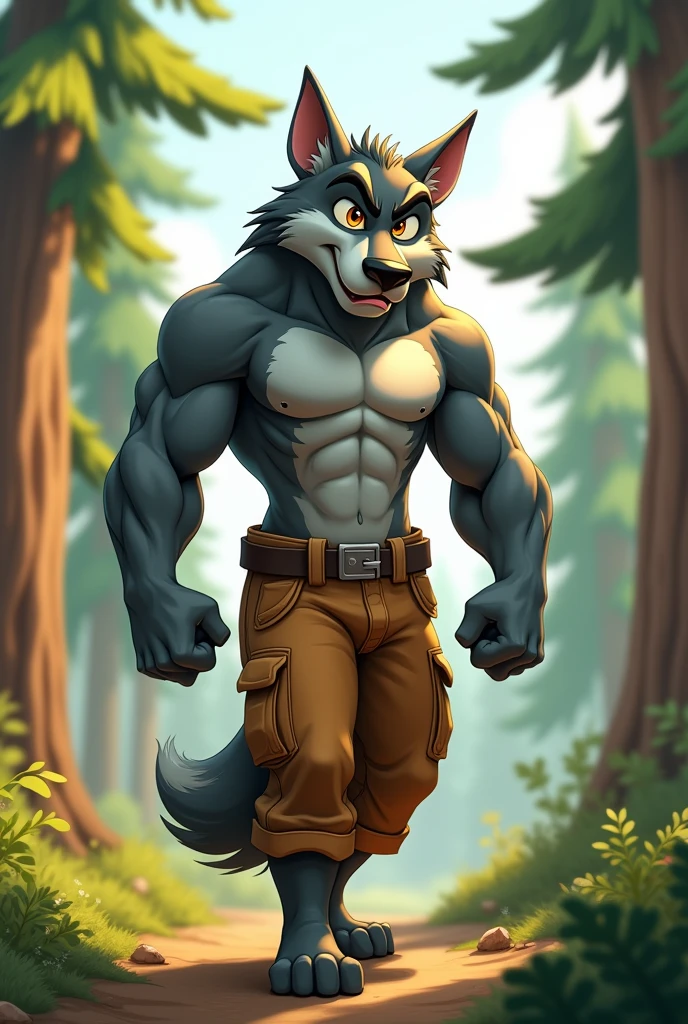 A cartoon wolf with a human body, shirtless with cargo pants