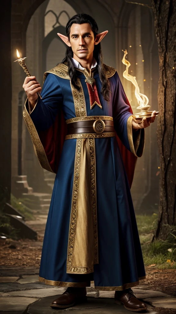 wizard, elf, male, black hair, magical, in wizard clothes, mature man.