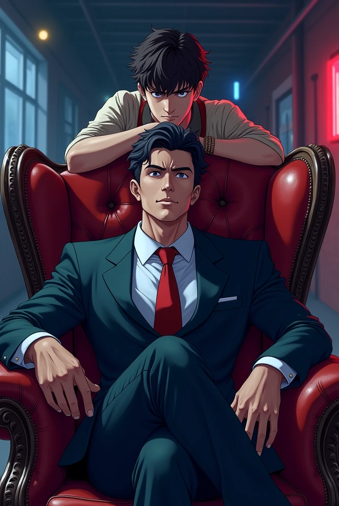 Create a cover for a book on Wattpad that contains the following:: It should be anime style and it should have a mafia man sitting on a chair with a face of excitement with a man sitting on him looking him in the eye with fear