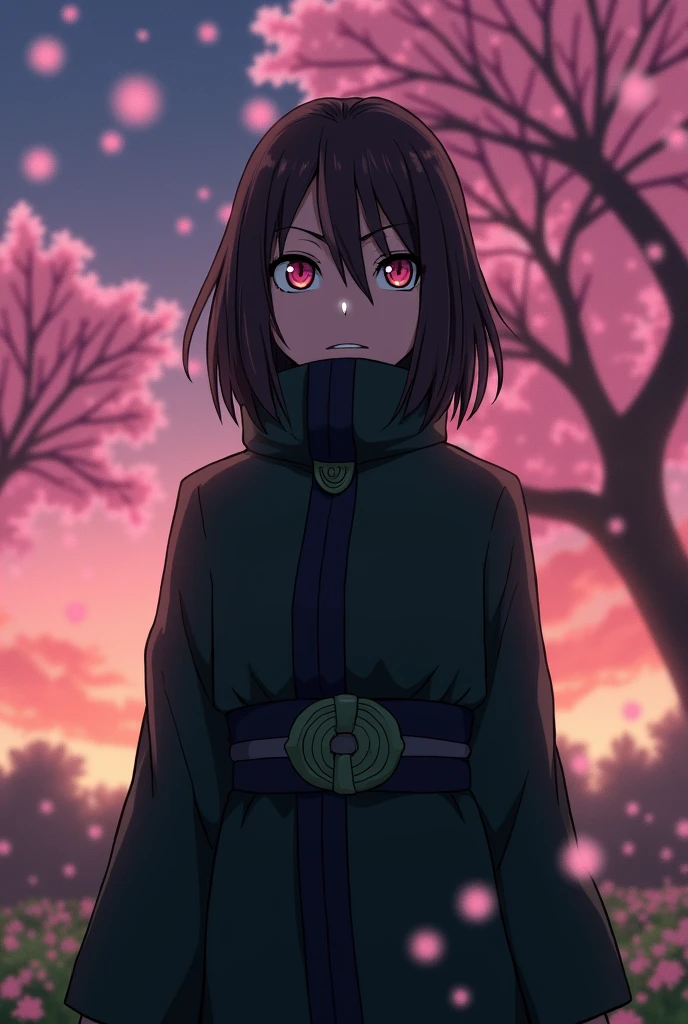 A character from Naruto: the last do clã Hyuuga com olhos de Byakugan, brown curly hair that hits the shoulder. Your black clothes with small green details.
