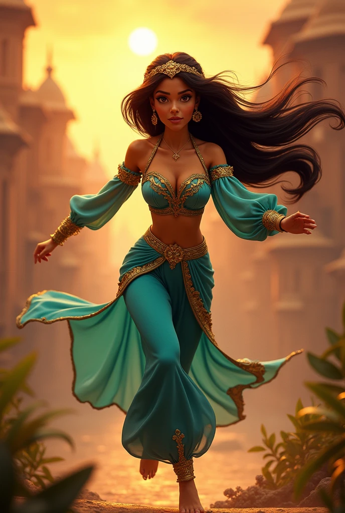 Stunning Princess Jasmine, photo in 8k, in action, cinematic.
