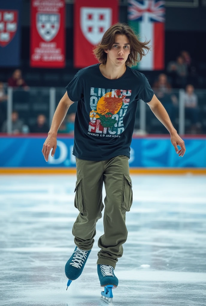 Draw a young adult skater, American man,with ice blue ice skates,skateboarding clothes,on the skating rink,who is also a doctor and because of ice skating he got a scholarship at Harvard University,shoulder length brown hair and green eyes.