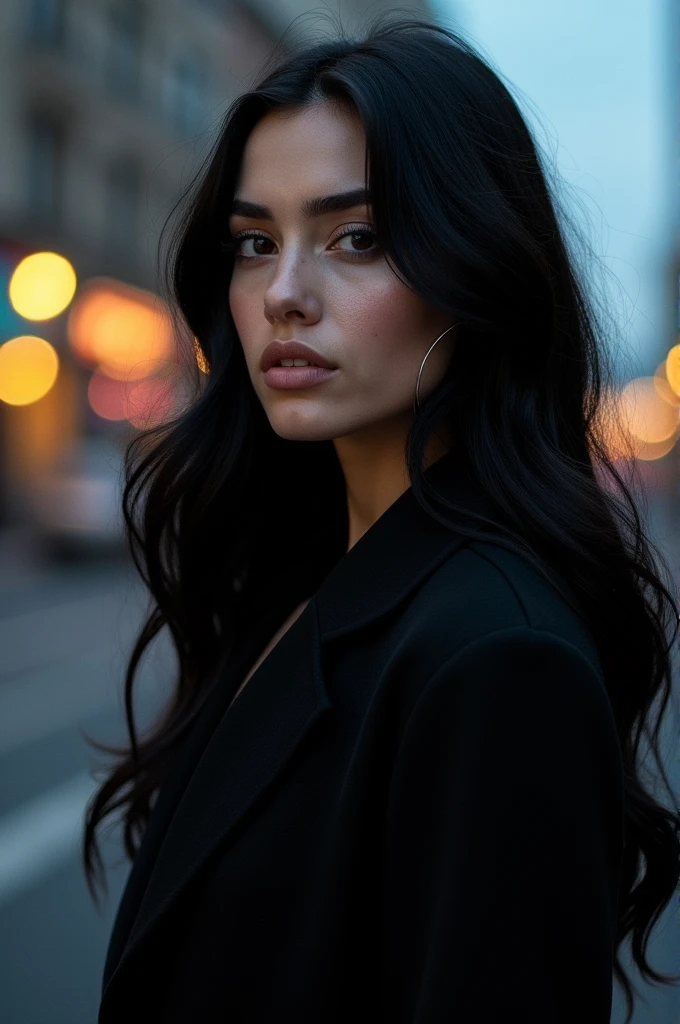 Create a very realistic white woman with black eyes and long black hair.