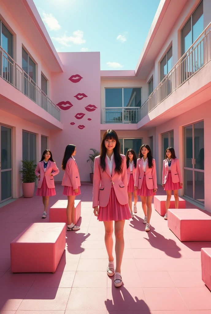 (photorealism:1.2) 12 beautiful sexy school girls, wearing my pink and pink school girls costumes, waking, standing and sitting around in a pink girls' school inside yard, pink and white classic or modern school building with pink benches, clean in good shape, the sign "Colegio Coquetas" and the signs of many kisses 💋 on the walls, not childish drawings on the walls, realistic, intricate details