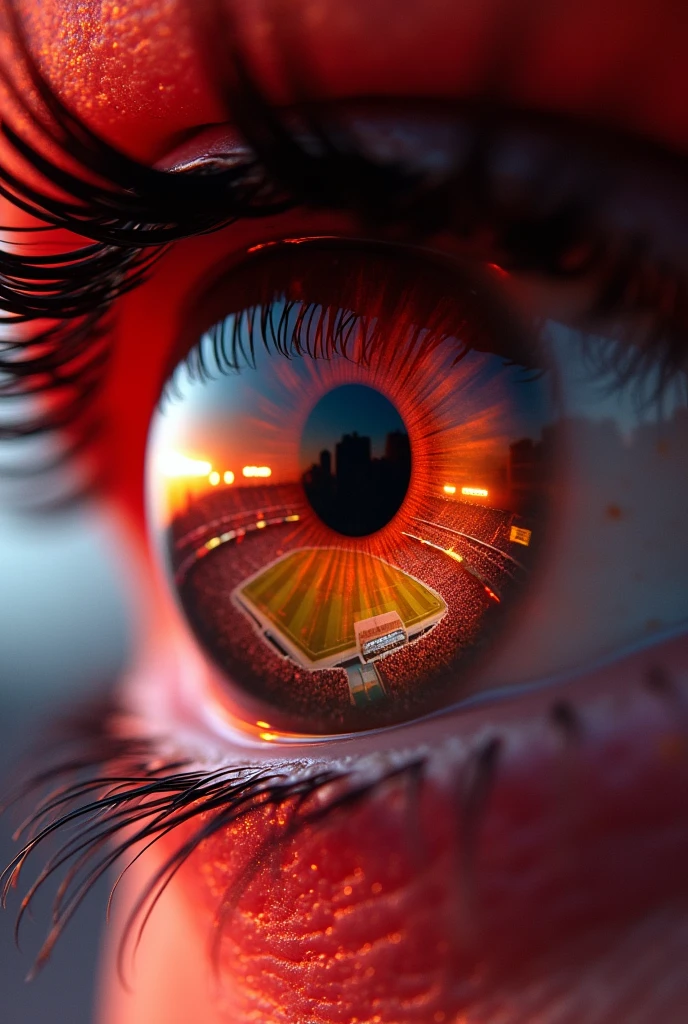 An eye where the iris reflects a football stadium in red