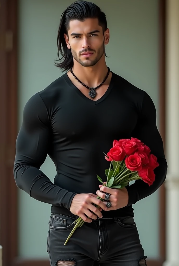 Make my boyfriend jealous with white skin, 6'6' tall, very strong, with medium black hair in a fade style, wearing a black long-sleeved shirt with a V-neck and ripped black jeans with black and white sneakers, a black dragon necklace, and white earrings. His hands are large with long fingers and a snake ring. His eyes are blue, his eyebrows are well-defined, his face is chiseled, he is blushing, and he is standing sideways holding a bouquet of red flowers.