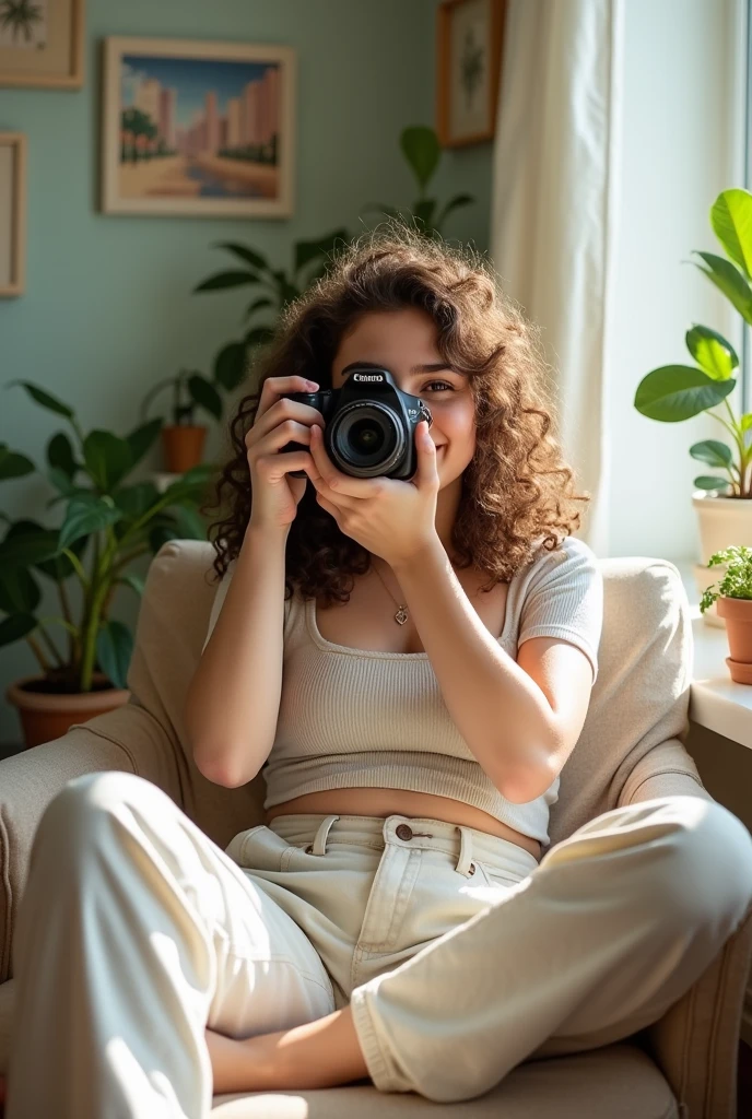 A brunette girl with curly hair and big breasts sits with her legs stretched out, taking a realistic photo