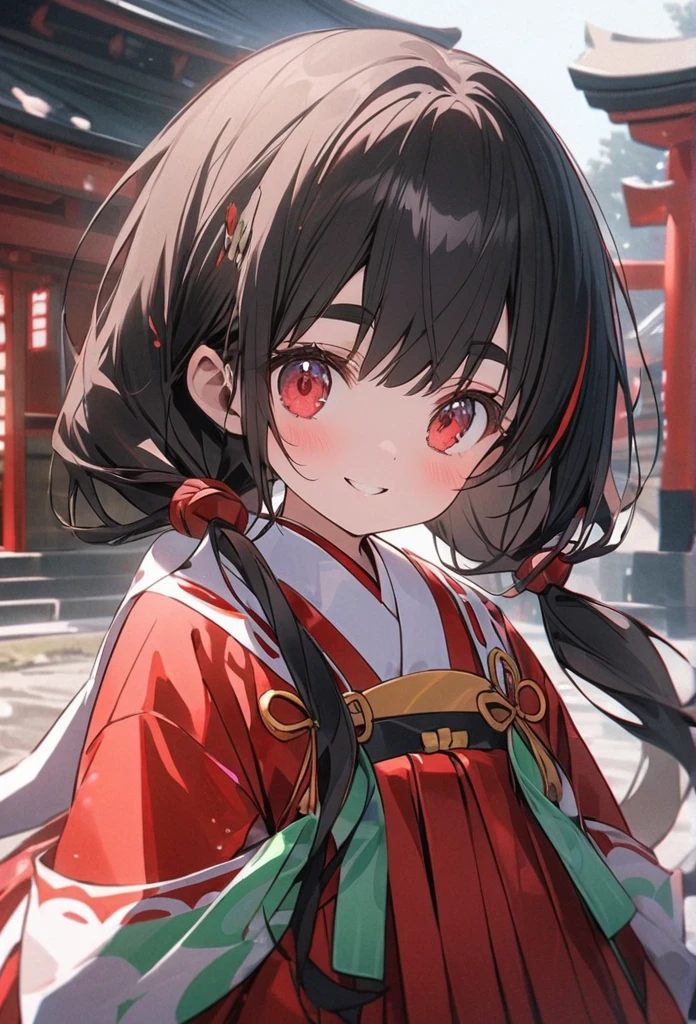 Japan Little Girls、one person、5 years old、(Shrine maiden costume)、4 heads、Shrine maiden、Digital Portrait,Black Hair、 Long hair in twin tails、Thick eyebrows, Incredible color grading, kimono,Japanese clothing,Jacket ((White Japanese clothing)),((Japanese kimono hakama))、(((Red Hakama)))、 Cinematography, Full body shot、shrine、((Full body shot))、Full body shot、smile