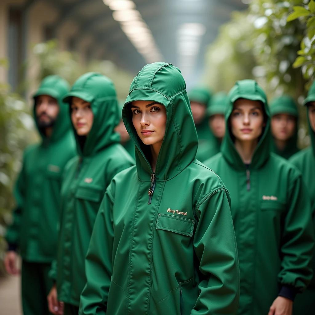 Team of ant employees in green uniform