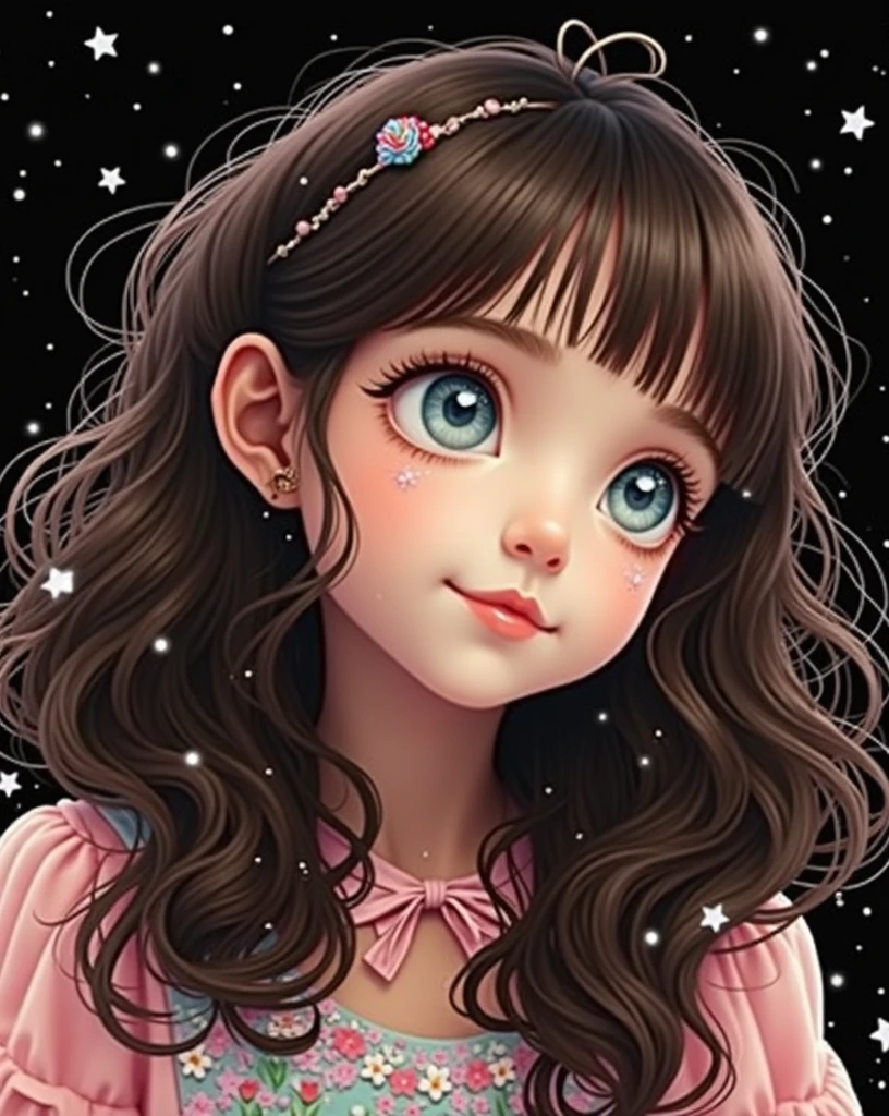 (fluorescent colors:1.4),(translucent:1.4),(retro filters:1.4), (fantasy:1.4), candy world Disney land ethereal soft fluffy soft landscape forest snowavatar Pastel pink sky green blue sparkle ethereal light pastel whimsical light rainbow stars diamonds sparkle gemstone background hyper realistic Ultra quality cinematic lighting immense detail Full hd painting Well lit,diagonal bangs,, collared dress,on side, masterpiece, best quality,realskin,(portrait:1.5), 1girl, blunt bangs, long hair
