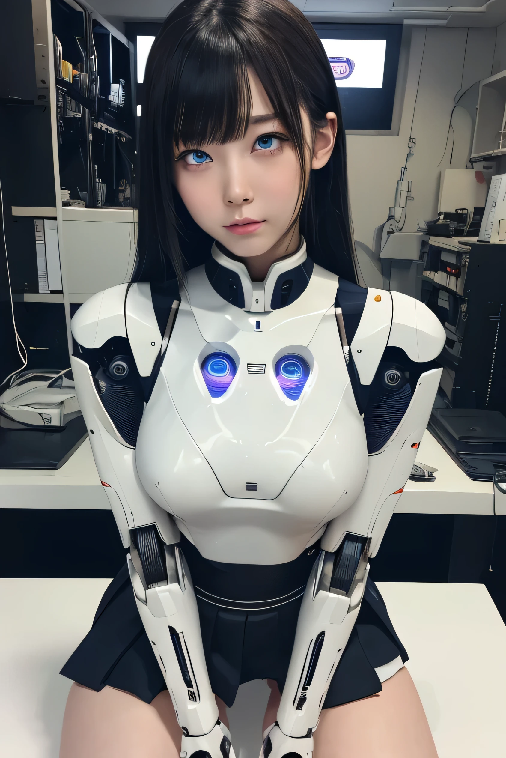 masterpiece, best quality, extremely detailed, Japaese Cyborg Girl,Plump ,navy pleated miniskirt,black tights,control panels,android,Droid,Mechanical Hand, ,clothes with a sense of mechanical technology, Robot arms and legs, Black Robot Parts,Black hair,Mechanical body,Blunt bangs,White abdomen,White robotics parts,tube dress,perfect robot woman,future laboratory,cyber pank,charging spot,android factory,robot factory,cyborg factory,long tube,thick cable connecting her neck,ceramic body ,blue eyes,smechanical body, android,robot humanoid,rolling eyes