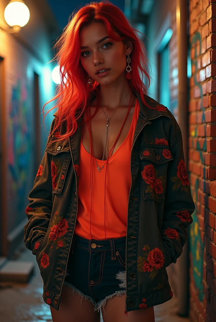 (masterpiece, Best Quality, 1 girl, Alone, intricate details, chromatic aberration), realist, ((medium breath)),by the wide, Red hair, red decoration on the head, pink highlights, amber eyes, earrings, sharp eyes, collar, neon shirt, ripped shorts, blossomed jacket, turtleneck, evening, against the wall, brick wall, Graffiti, dim lighting, alley, look at the viewer, unclothed