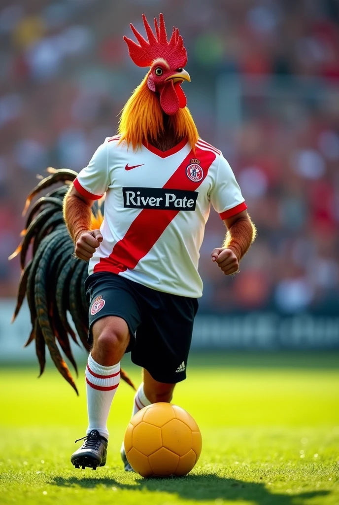 Rooster kicking a soccer ball, white shirt with red stripe, black shorts and in the center of the shirt it says: River Plate