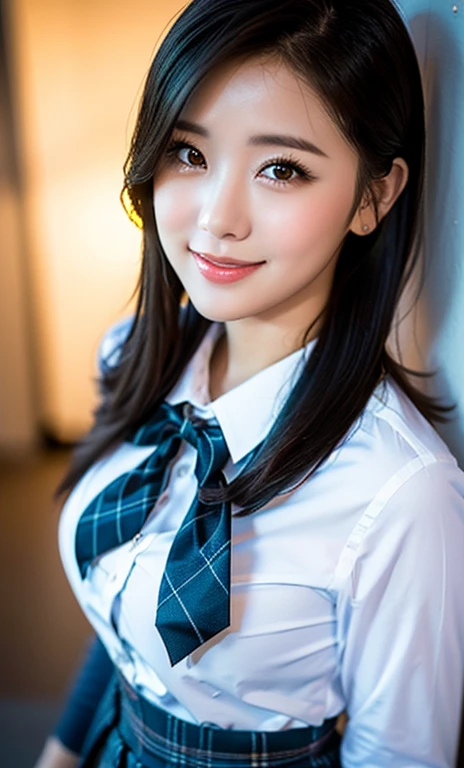 (a cute girl wearing a university student uniform, fishnet tights, loafers, buttoned white shirt, pleated gray tartan check pattern skirt, bowties, random poses, in a simple black background,

kind smile, beautiful detailed eyes, long eyelashes, beautiful detailed lips, dimpled cheeks, ample bosom, medium breasts, ponytail, bob hair, short straight hair, 

Romantic vibes, professional lighting, spotlight, masterpiece, photo-realistic, ultra-detailed, 8k, high resolution, vivid colors, bokeh night background, SFW, high camera angle, cowboy_shot.)