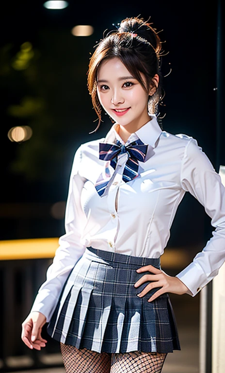 (a cute girl wearing a university student uniform, fishnet tights, loafers, buttoned white shirt, pleated gray tartan check pattern skirt, bowties, random poses, in a simple black background,
kind smile, beautiful detailed eyes, long eyelashes, beautiful detailed lips, dimpled cheeks, ample bosom, medium breasts, ponytail, bob hair, short straight hair,
Romantic vibes, professional lighting, spotlight, masterpiece, photo-realistic, ultra-detailed, 8k, high resolution, vivid colors, bokeh night background, SFW, high camera angle, cowboy_shot.)