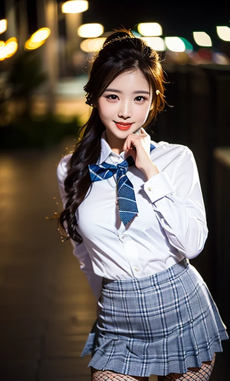 (a cute girl wearing a university student uniform, fishnet tights, loafers, buttoned white shirt, pleated gray tartan check pattern skirt, bowties, random poses, in a simple black background,

kind smile, beautiful detailed eyes, long eyelashes, beautiful detailed lips, dimpled cheeks, ample bosom, medium breasts, ponytail, bob hair, short straight hair, 

Romantic vibes, professional lighting, spotlight, masterpiece, photo-realistic, ultra-detailed, 8k, high resolution, vivid colors, bokeh night background, SFW, high camera angle, cowboy_shot.)