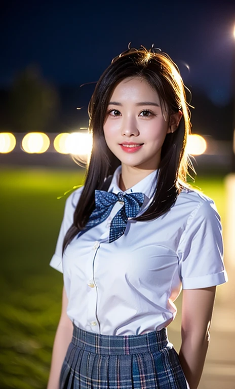 (a cute girl wearing a university student uniform, fishnet tights, loafers, buttoned white shirt, pleated gray tartan check pattern skirt, bowties, random poses, in a simple black background,

kind smile, beautiful detailed eyes, long eyelashes, beautiful detailed lips, dimpled cheeks, ample bosom, medium breasts, ponytail, bob hair, short straight hair, 

Romantic vibes, professional lighting, spotlight, masterpiece, photo-realistic, ultra-detailed, 8k, high resolution, vivid colors, bokeh night background, SFW, high camera angle, cowboy_shot.)