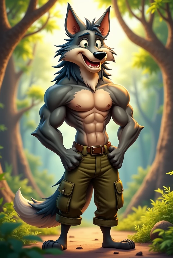 A cartoon wolf with a human body, shirtless with cargo pants