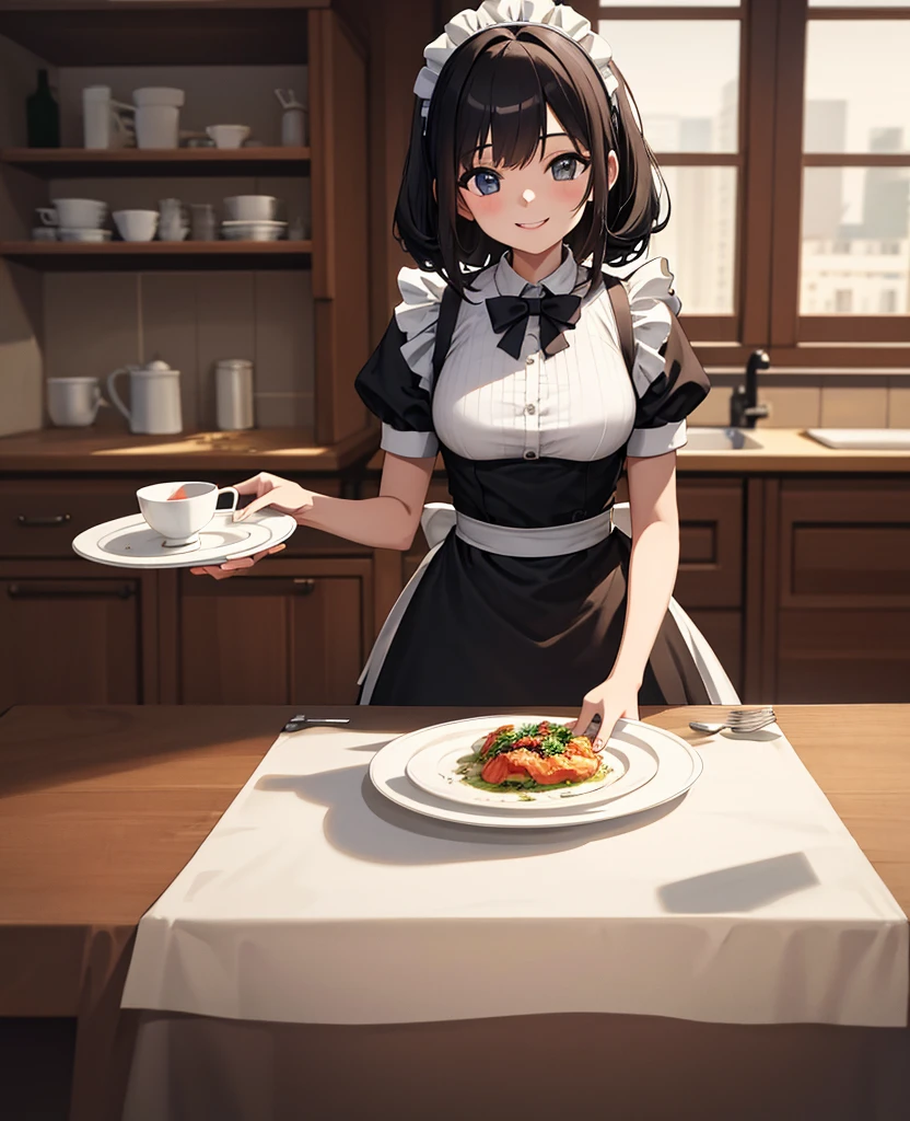 (masterpiece, best quality), (absurdres:1.2), (ultra detailed, 8K, ultra highres:1.2), 1girl, maid costume, smile, serving, dinner, table, tablecloth, indoor, dishes