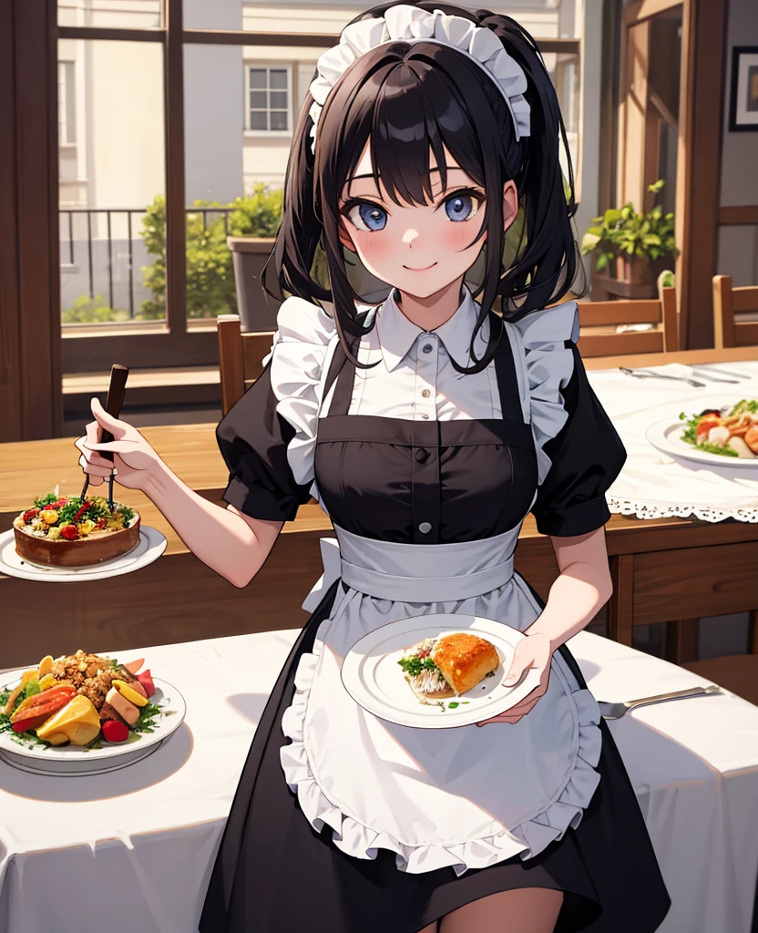 (masterpiece, best quality), (absurdres:1.2), (ultra detailed, 8K, ultra highres:1.2), 1girl, maid costume, smile, serving, dinner, table, tablecloth, indoor, dishes