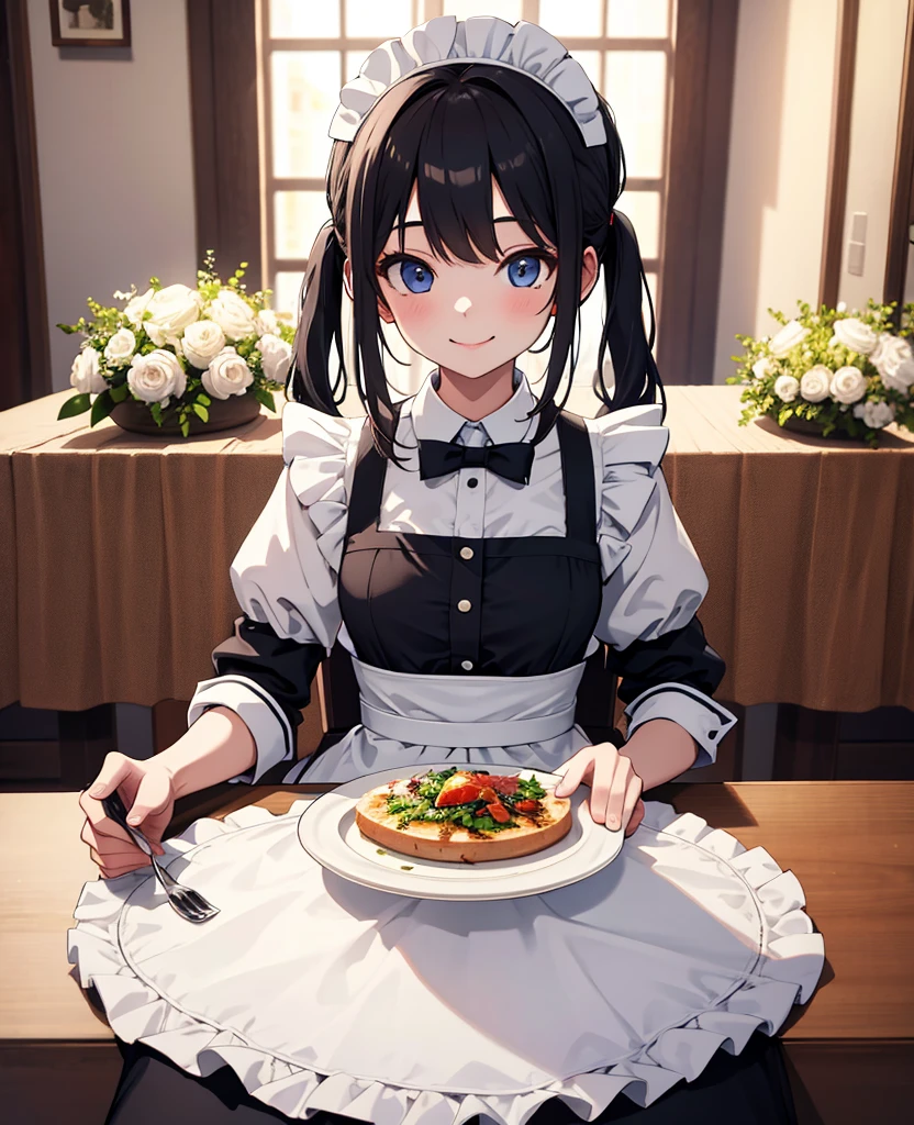(masterpiece, best quality), (absurdres:1.2), (ultra detailed, 8K, ultra highres:1.2), 1girl, maid costume, smile, serving, dinner, table, tablecloth, indoor, dishes