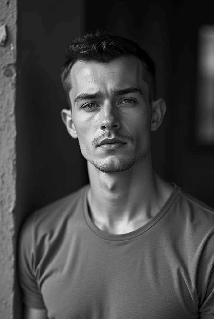 Generates an example of photos CARD SIZE 35 X 45 MM WITH IMAGE DF 22 MM. FROM HAIRLINE TO CHIN (APPROXIMATELY with black and white round neck t-shirt man with short cap hair
