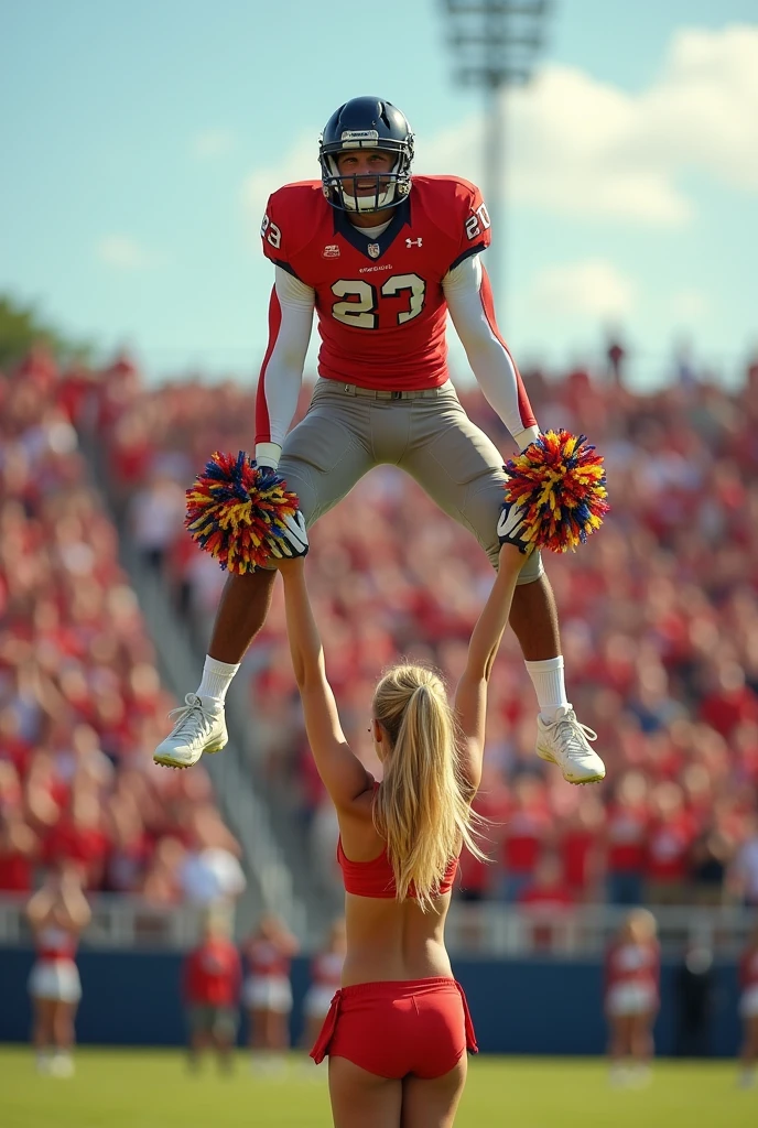 Blonde, Beautiful, and strong girl cheerleader lifting a large male football player high above her head with her strong arms. Photorealistic. View from a distance. Wide angle. Male on top.