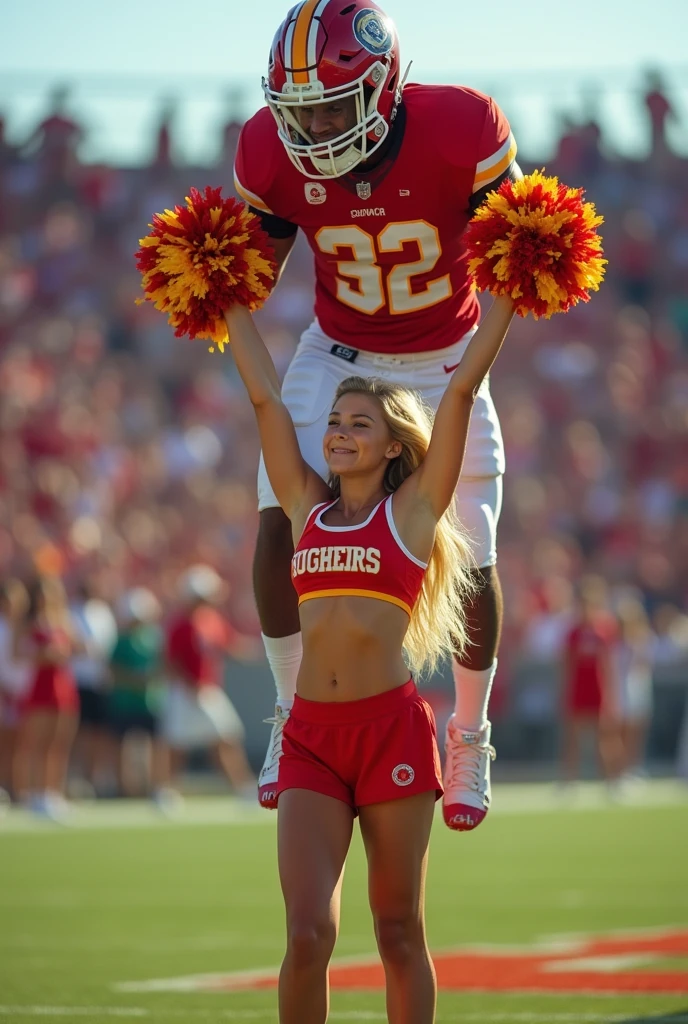 Blonde, Beautiful, and strong girl cheerleader lifting a large male football player high above her head with her strong arms. Photorealistic. View from a distance. Wide angle. Male on top.
