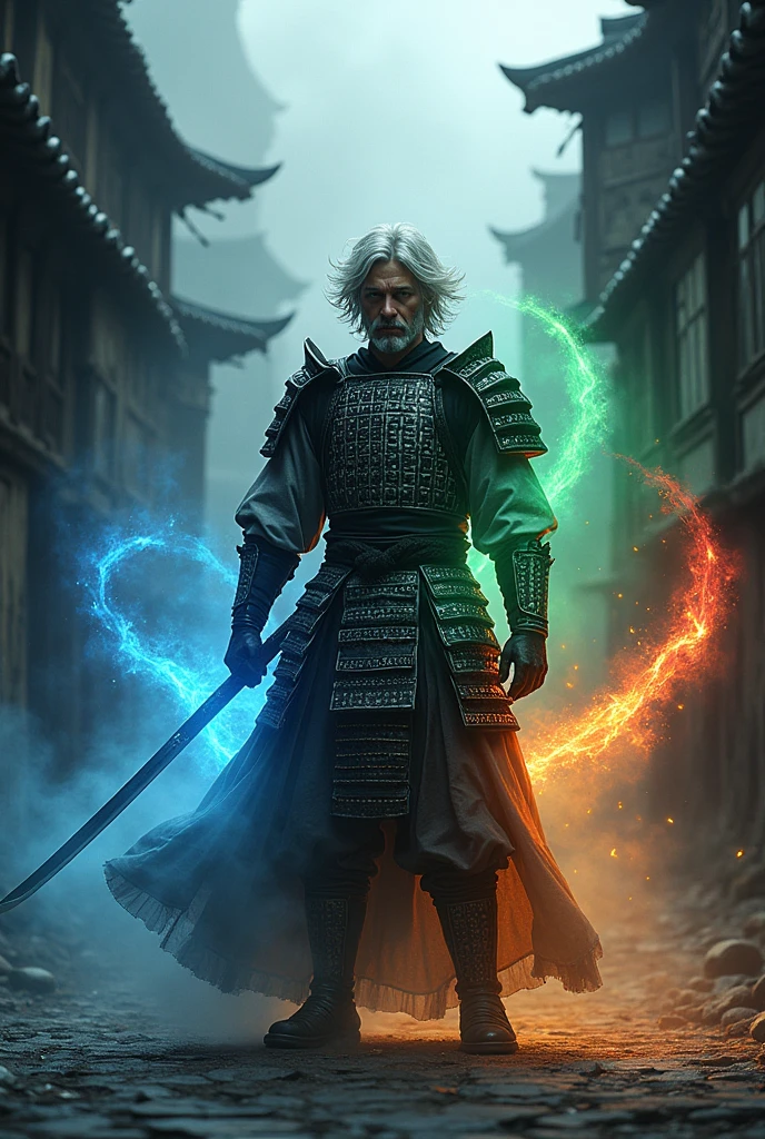 Make a tall man with an aesthetically pleasing body, with medium-length, messy white hair, samurai style., how much of a black and white medieval style, make it have colored energy powers , blue, negro, green , Red and yellow, in a dark environment 
