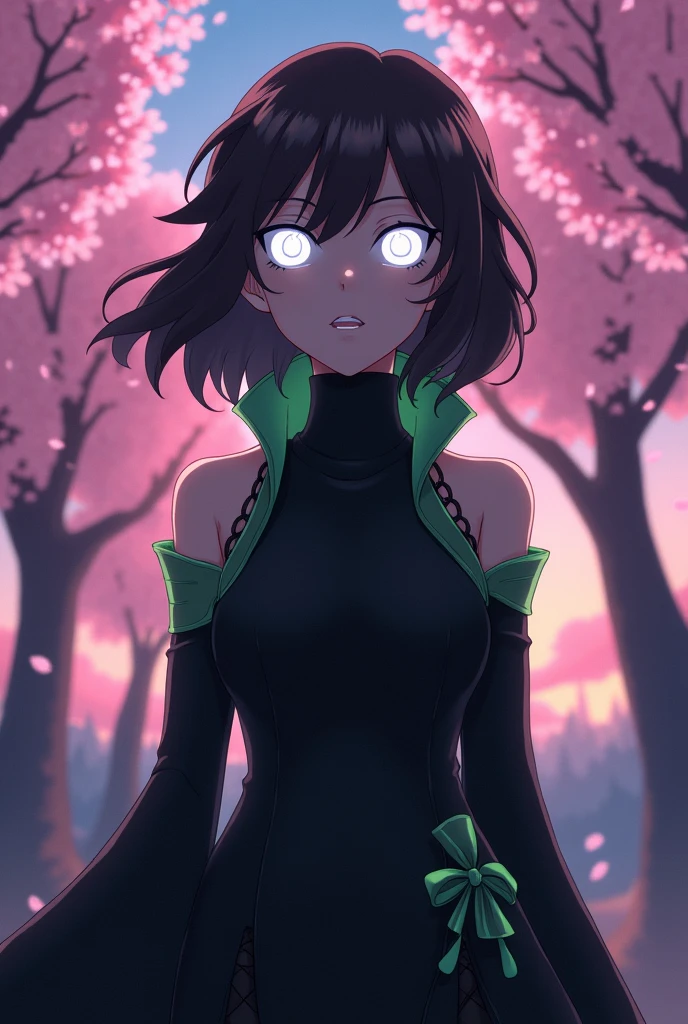 A character from Naruto: the last do clã Hyuuga com olhos de Byakugan, brown curly hair that hits the shoulder. Your black clothes with small green details.