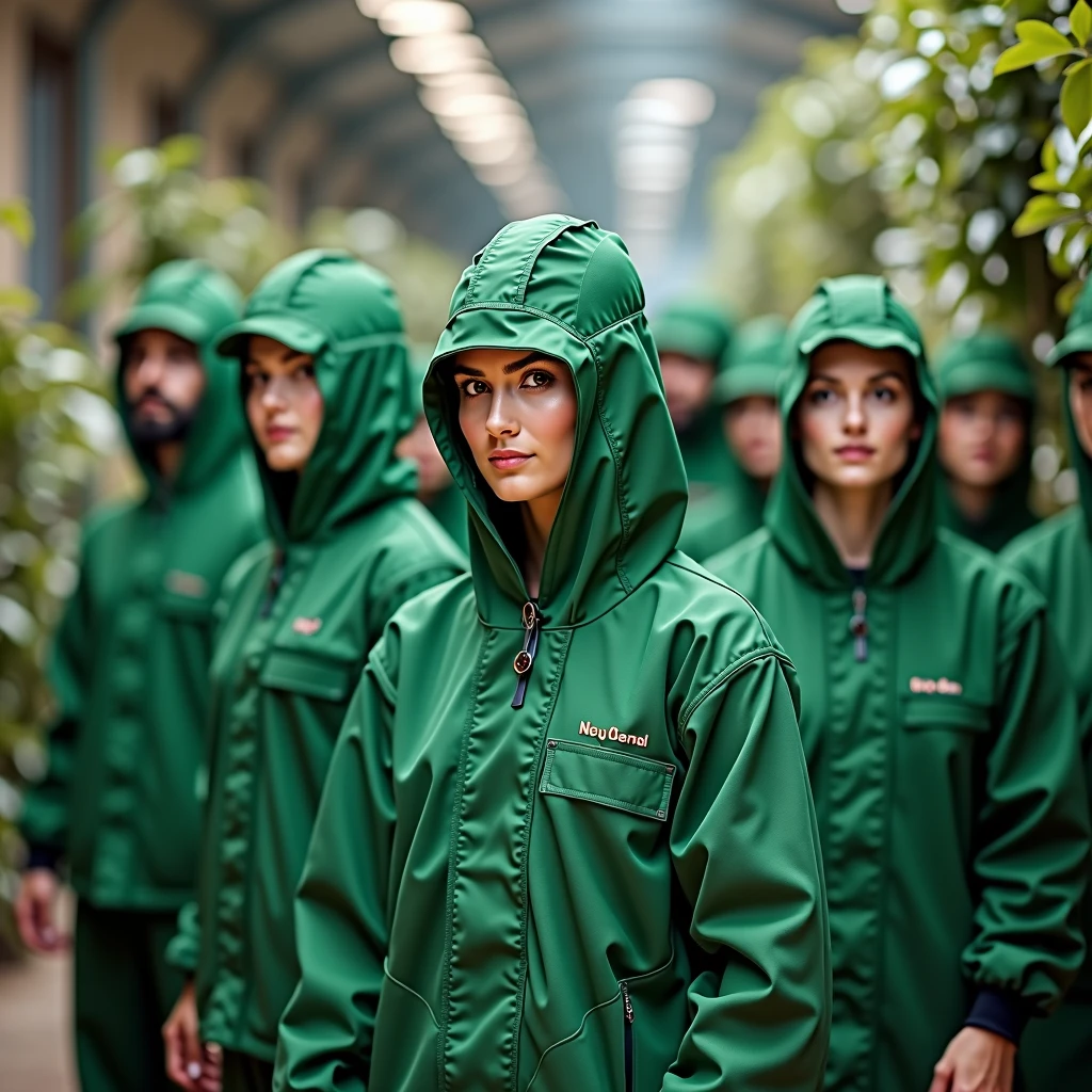 Team of ant employees in green uniform 