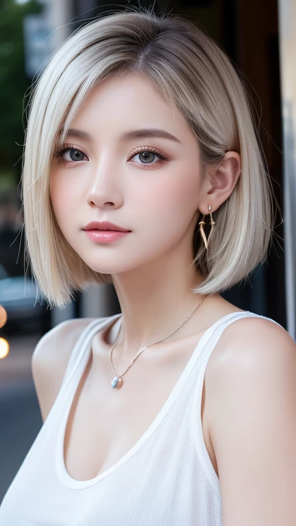 最high quality、masterpiece、High resolution、1 female、necklace、gem、Earrings、Beautiful Face、Body Up、Tyndall effect、Realistic、Rim Light、Two-tone lighting、(High resolutionスキン:1.2)、8k UHD、Digital SLR、Soft lighting、high quality、Volumetric lighting、photograph、High resolution、4K、8k、white haired woman、Adult、Small eyes、Perfect Mouth、Highly detailed eyes and mouth、Black natural eyes、Pure brown hair color、lol、Caucasian skin color、White shirt and random color tank top、Hair quality and shine、street、town、road、congestion、
