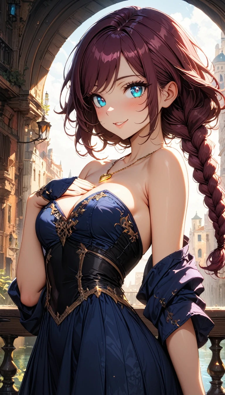 (masterpiece, very aesthetic:1.4), best quality, incredibly absurdres, Accurate, intricate, 8K, stunning, stylized,
ultra-detailed, (incredibly detailed:1.2), simplified details, fine texture,
cinematic, recent, (vibrant:1.2), (clear pictures, clean lines, crisp edges), (digital painting:1.2), (soft lighting:1.2),
cowboy shot,
BREAK
1 beautiful girl, 18yo, small face, beautiful detailed face, narrow waist, The beauty and danger of growing from a girl to an adult, A symbol of miraculous beauty, Graceful posture, sensual, bewitching woman, (cleavage:0.8),
(burgundy hair, a long single braid hair:1.4), smooth hair, asymmetrical bangs,
BREAK
(aqua blue eyes), black oblong pupils, (slant eyes, glass-like sparkling eyes are blurry and dreamy, beautiful detailed eyes, growing eyes, long delicate eyelashes, Meticulous Eyelash Details),
BREAK
(navy blue dress, off shoulder, Strapless dress, Sleeveless:1.3), (black corset), (a tiny heart-shaped golden colored ring pendant:1.4),
BREAK
A fantasy world cityscape, sunny afternoon, A city resembling Venice with canals, (Leaning against the railing of a bridge over a large river), Bright lighting, Beautiful world, Blown by the gentle wind, Soft sunlight that induces afternoon drowsiness,
BREAK
gorgeous lips, natural pink lips, beautiful detailed lips, Glossy,
(seductive smile:1.3), (looking side glance), (left hand on own chest:1.2), perfect eyes,